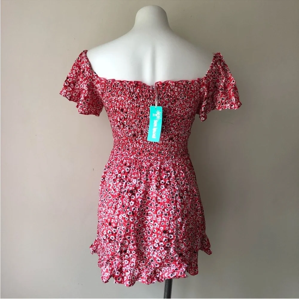 Tiare Hawaii Hendrix Red Floral Smocked Mini Dress NWT - Picture 8 of 10